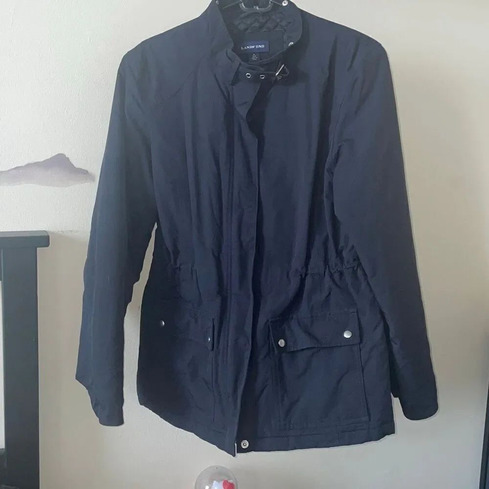 Lands end women’s black utility jacket overcoat buckled collar size medium 10-12
